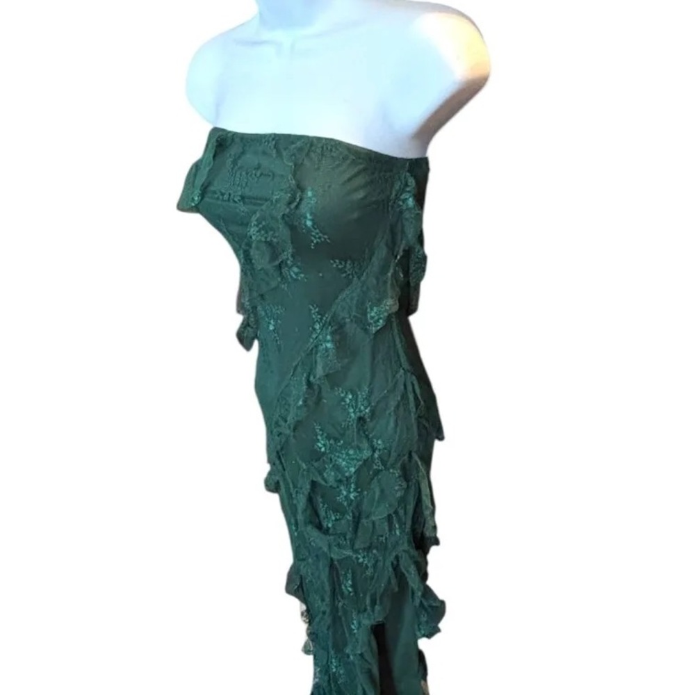 Sincerely Jules Strapless Green Lace Tiered Evening Dress With Slit